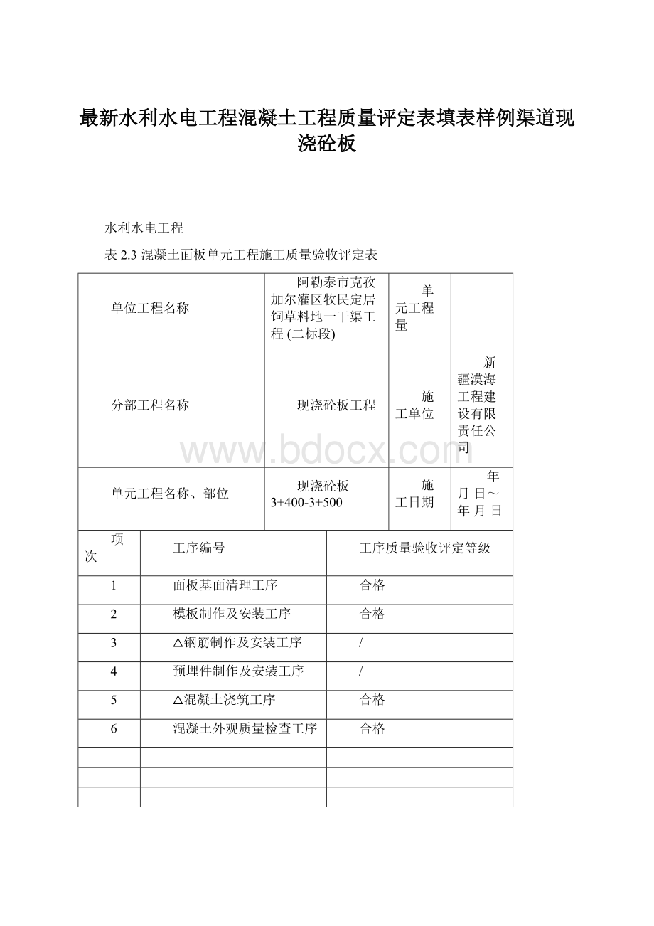 最新水利水电工程混凝土工程质量评定表填表样例渠道现浇砼板Word文件下载.docx