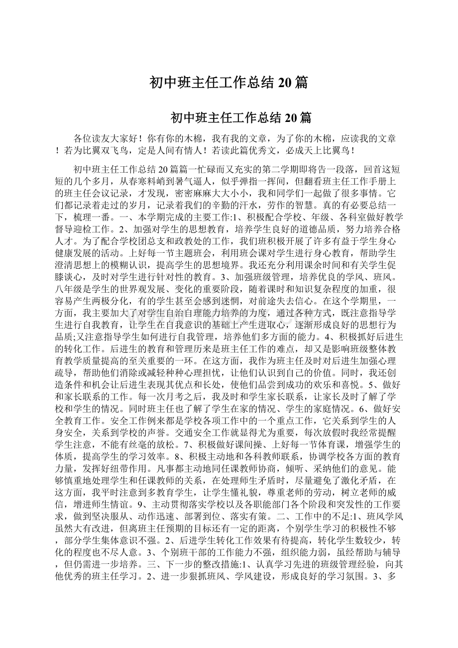 初中班主任工作总结20篇Word文件下载.docx