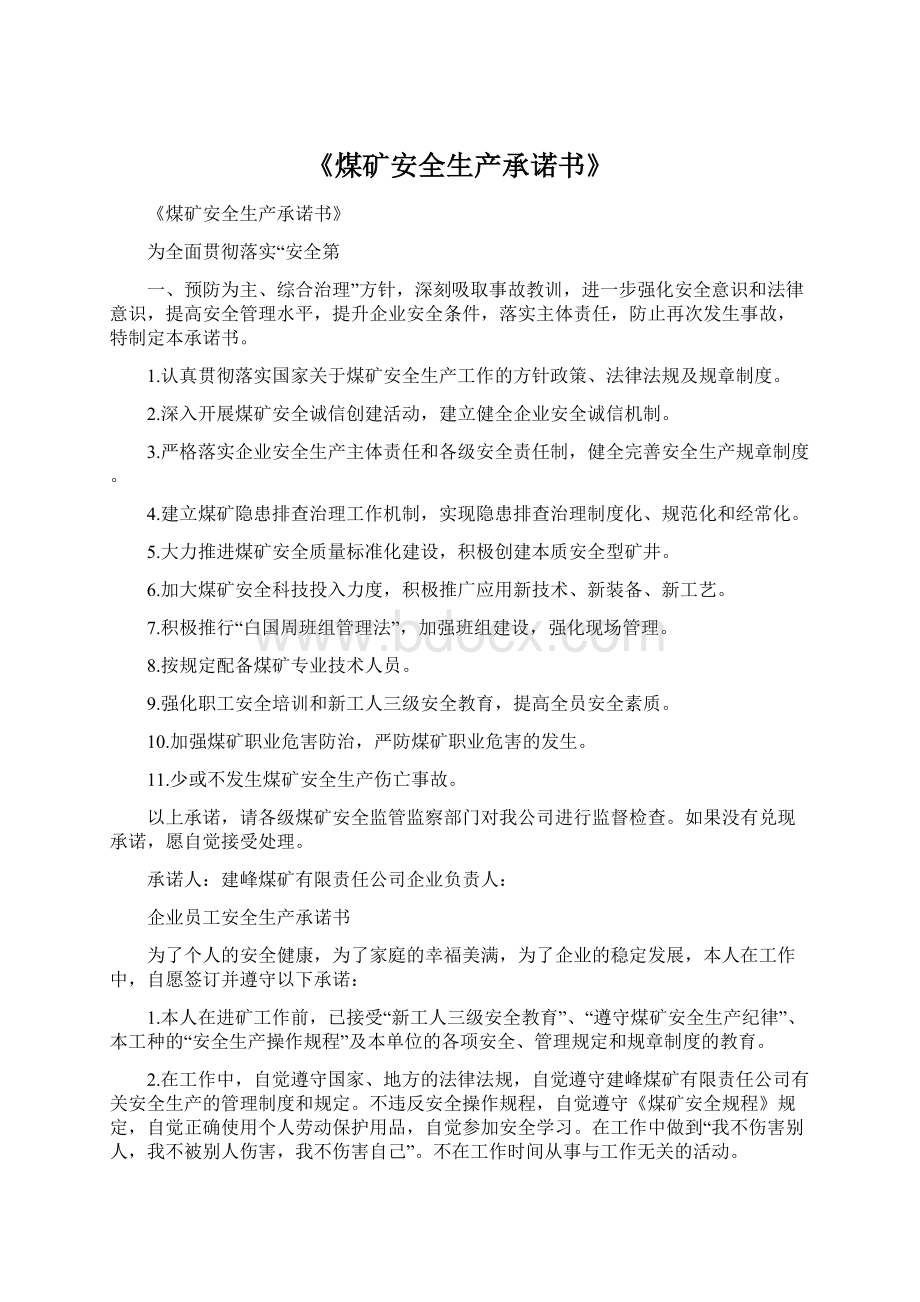 《煤矿安全生产承诺书》Word文档格式.docx