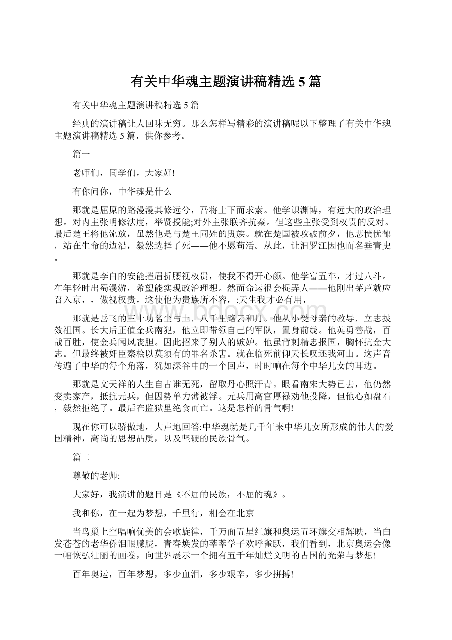 有关中华魂主题演讲稿精选5篇Word格式文档下载.docx