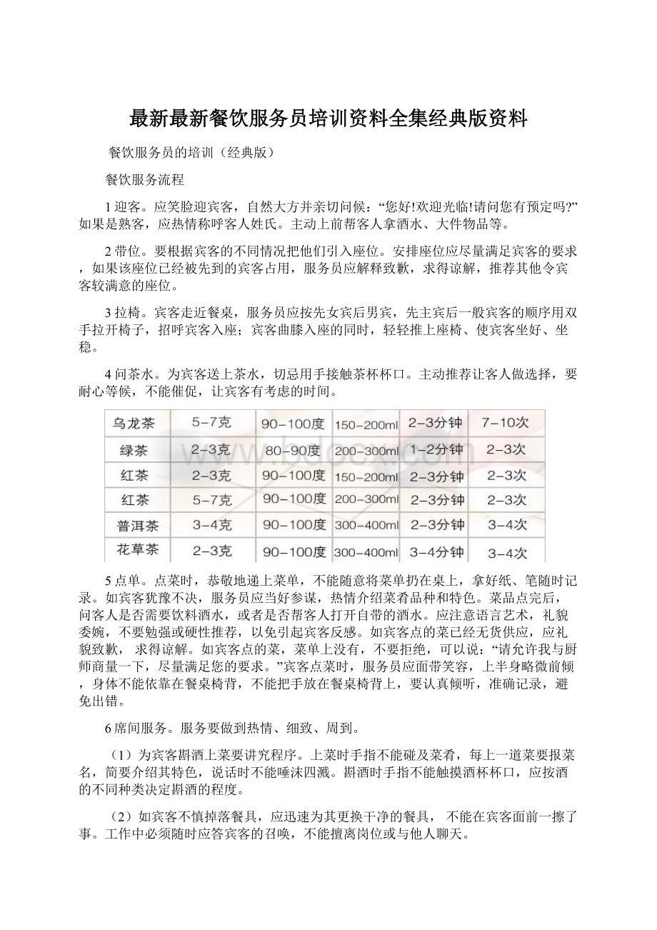 最新最新餐饮服务员培训资料全集经典版资料Word格式.docx