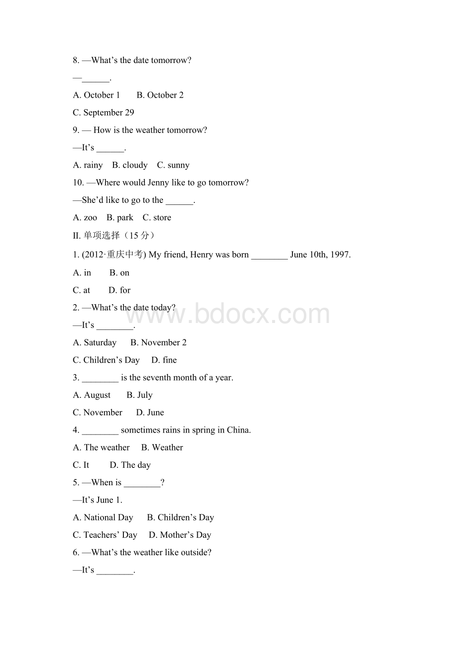 学年七年级英语上册 Unit 7 Days and Months单元综合检测试题 新版冀教版.docx_第2页