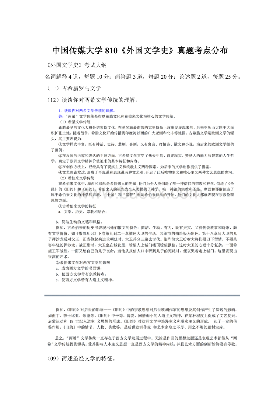 中国传媒大学810《外国文学史》真题考点分布.docx