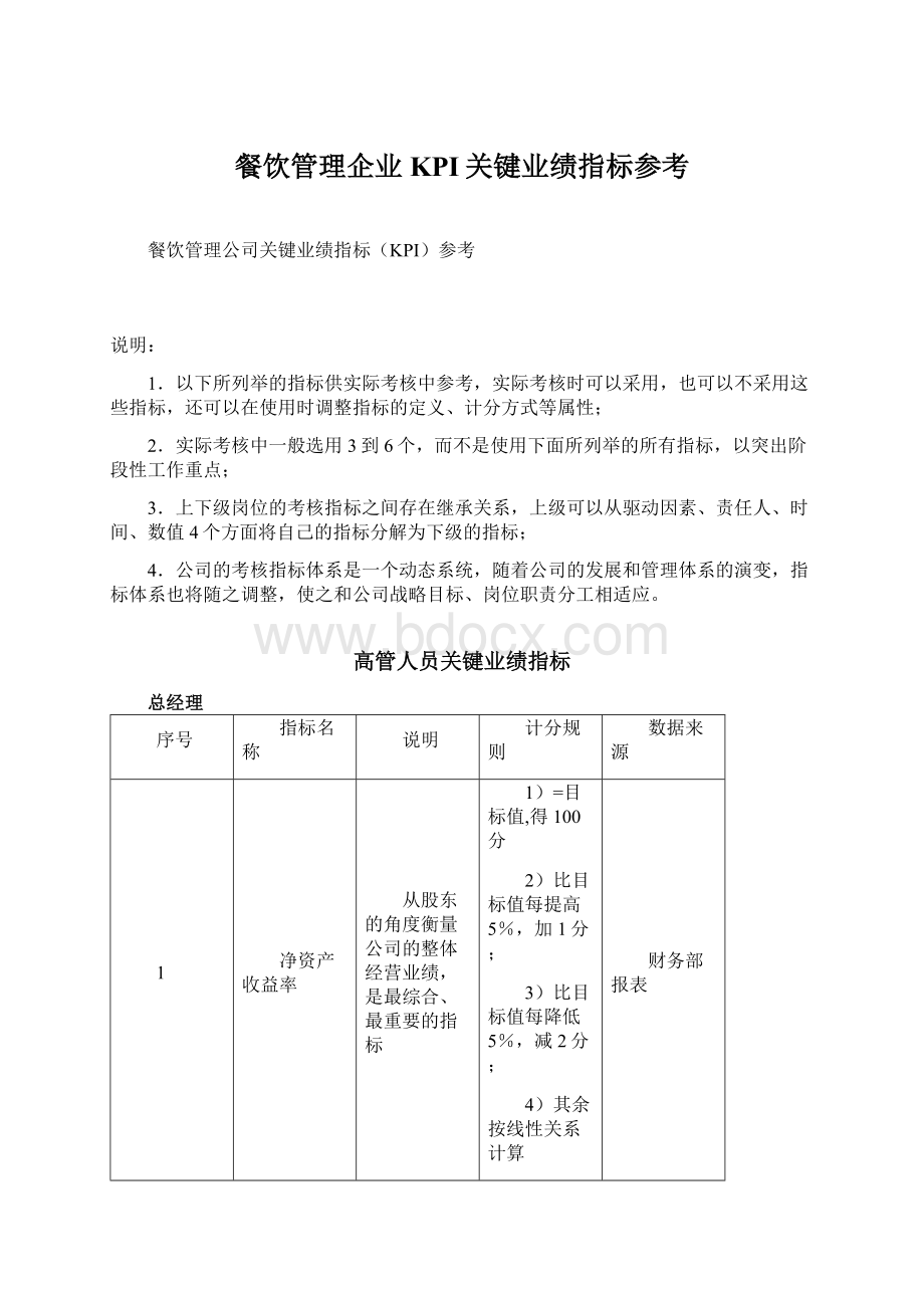 餐饮管理企业KPI关键业绩指标参考Word文件下载.docx