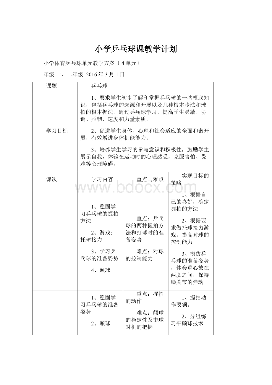 小学乒乓球课教学计划.docx_第1页