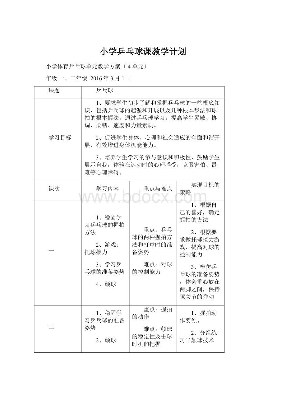 小学乒乓球课教学计划Word文档下载推荐.docx