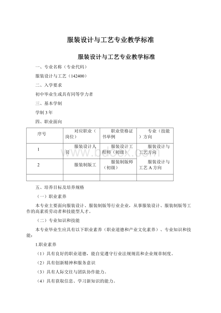 服装设计与工艺专业教学标准.docx