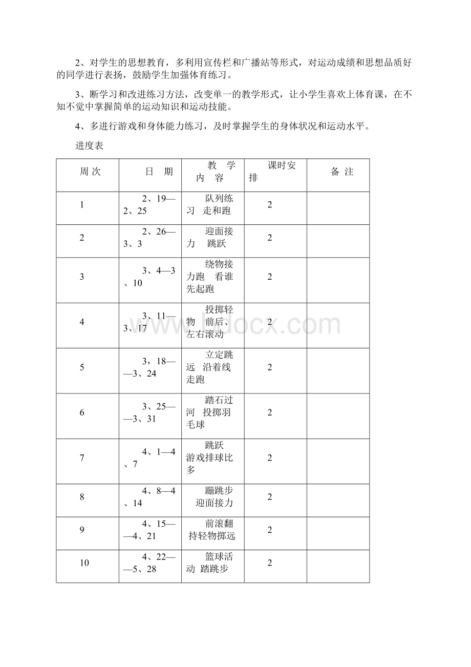 小学一年级下册体育教学计划和教案文档格式.docx_第2页