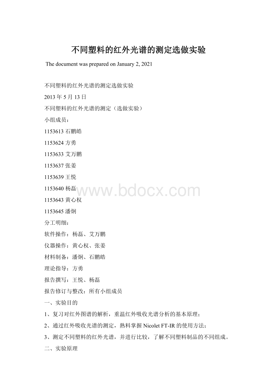 不同塑料的红外光谱的测定选做实验Word格式.docx_第1页