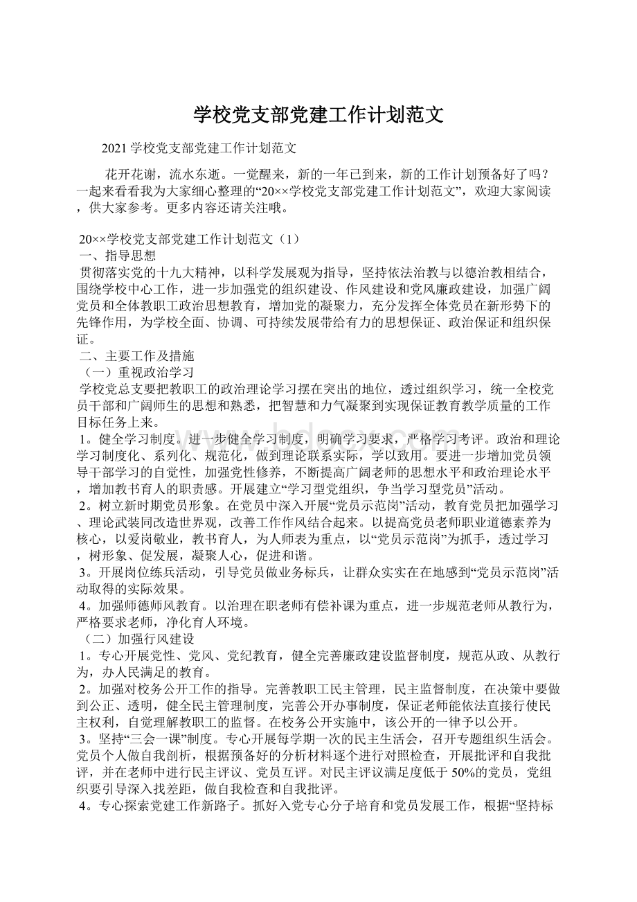 学校党支部党建工作计划范文Word格式文档下载.docx