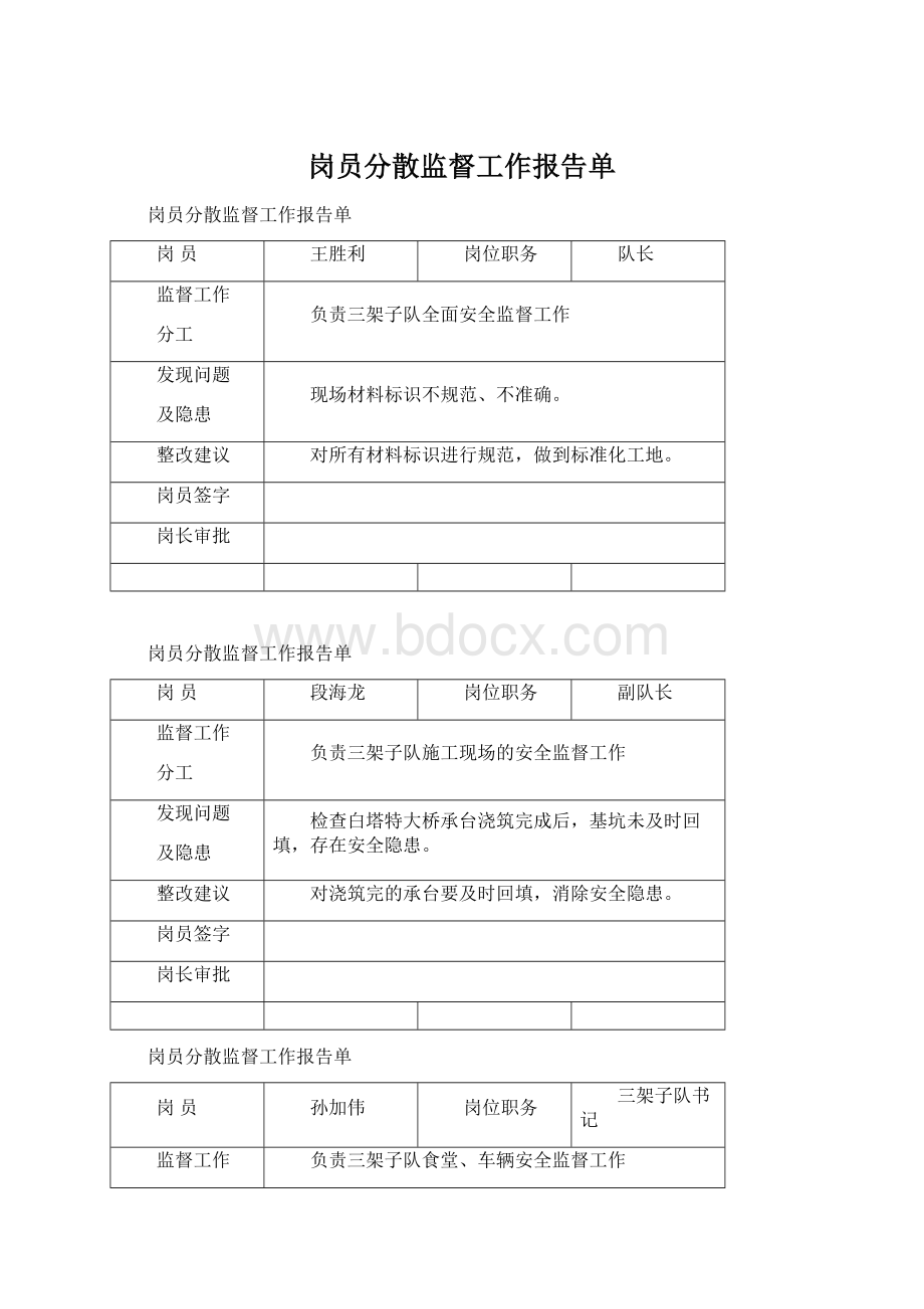 岗员分散监督工作报告单Word文档下载推荐.docx