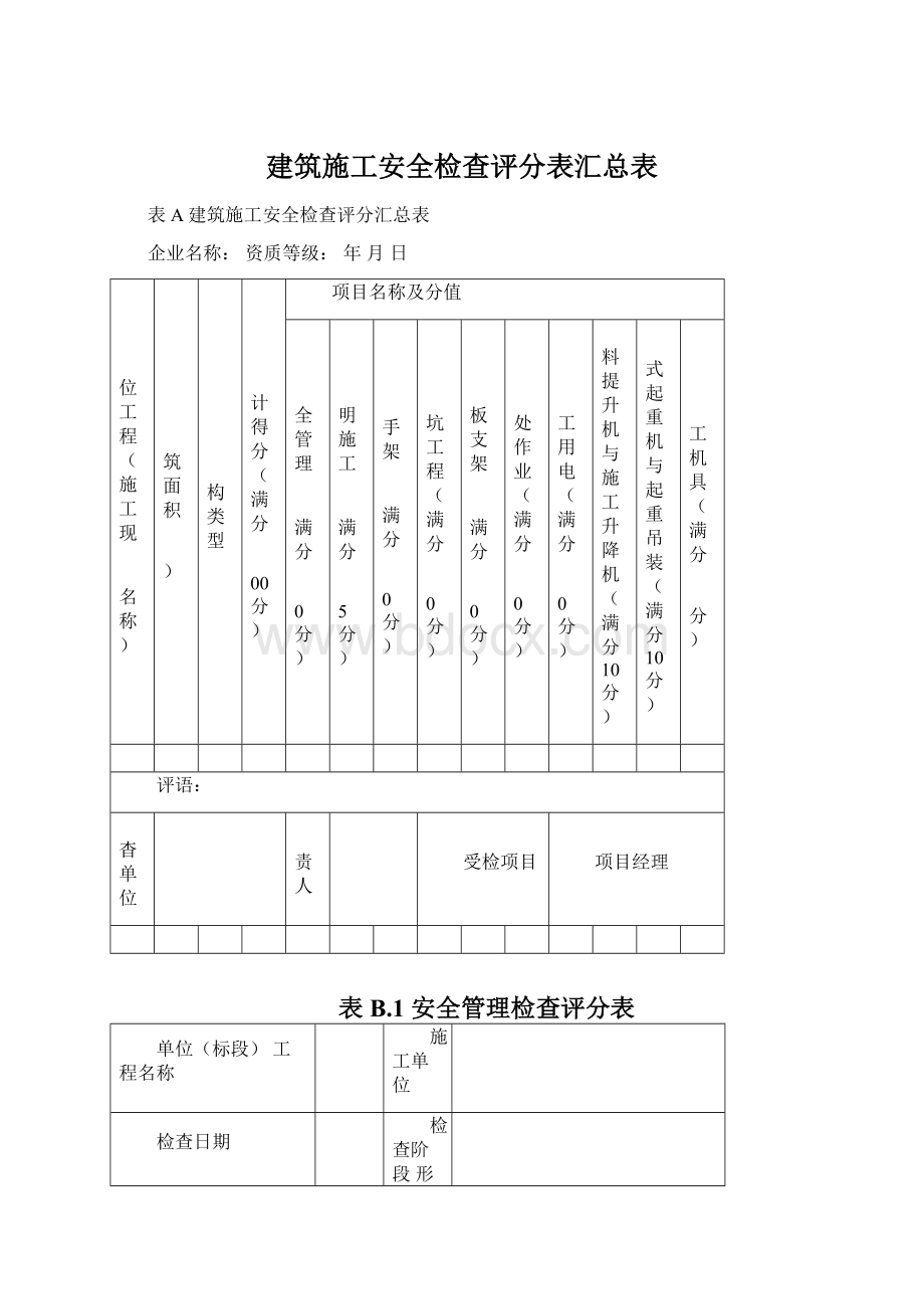 建筑施工安全检查评分表汇总表Word文档格式.docx