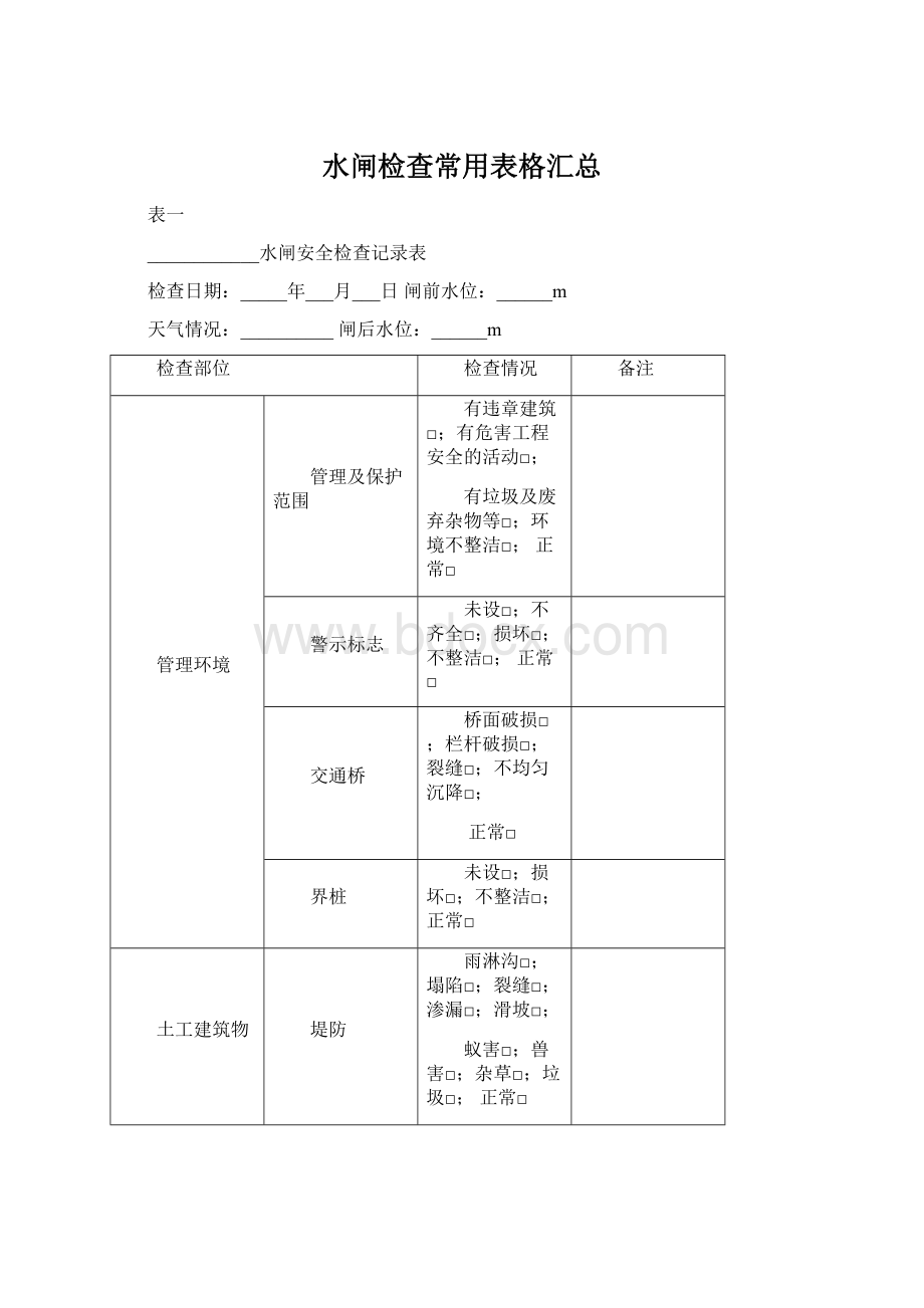 水闸检查常用表格汇总Word文档格式.docx