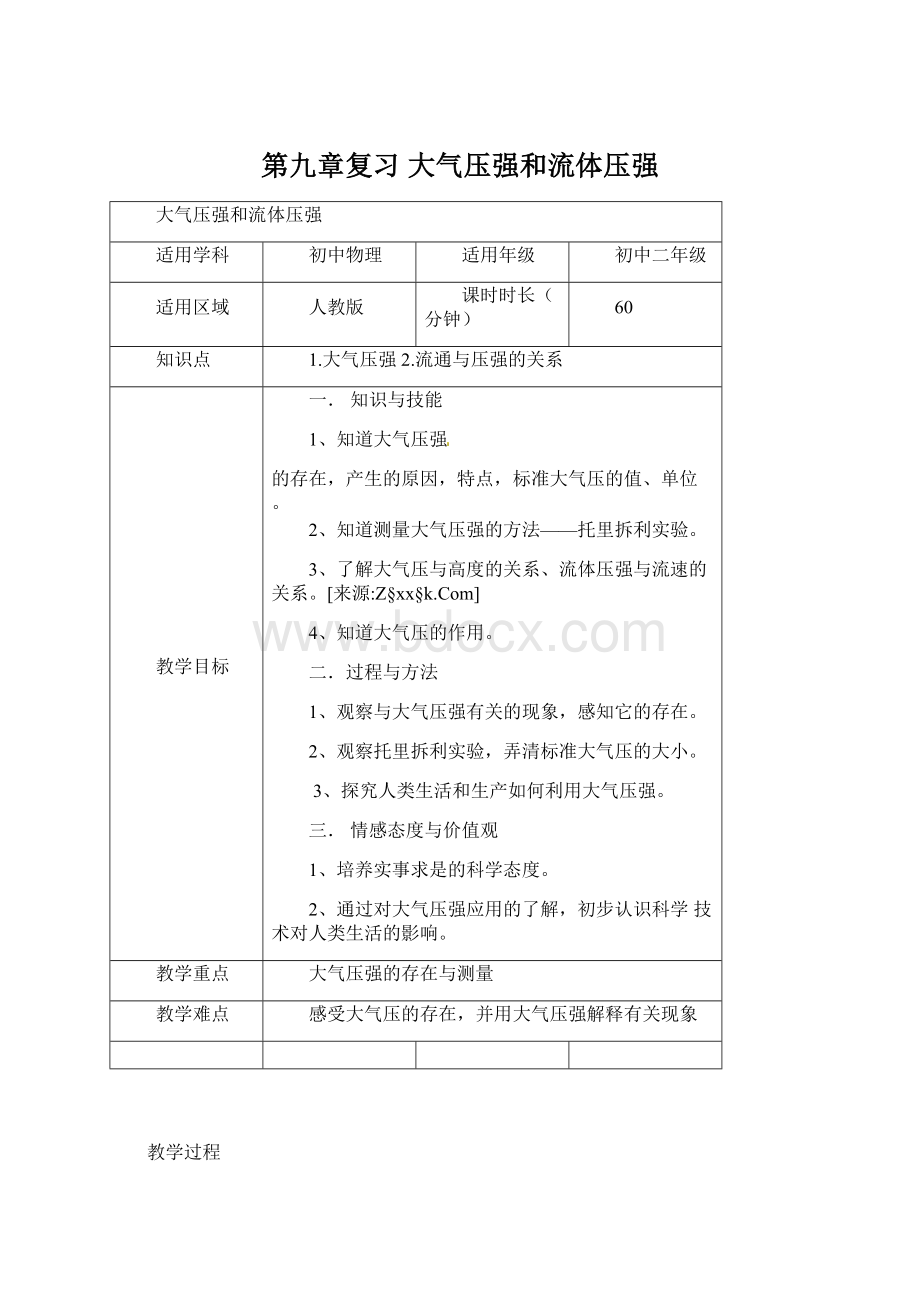 第九章复习 大气压强和流体压强.docx_第1页