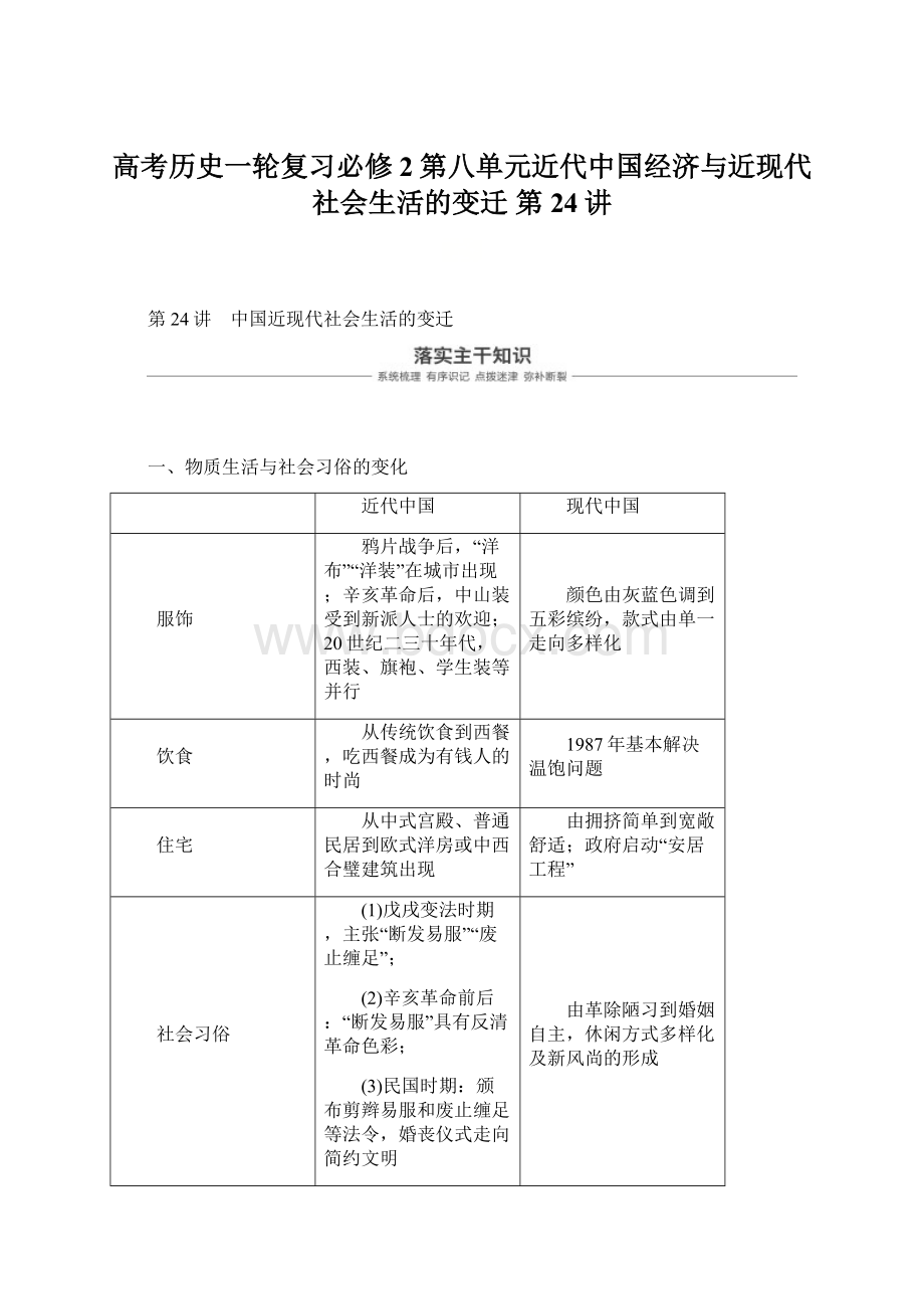 高考历史一轮复习必修2第八单元近代中国经济与近现代社会生活的变迁 第24讲Word文档格式.docx