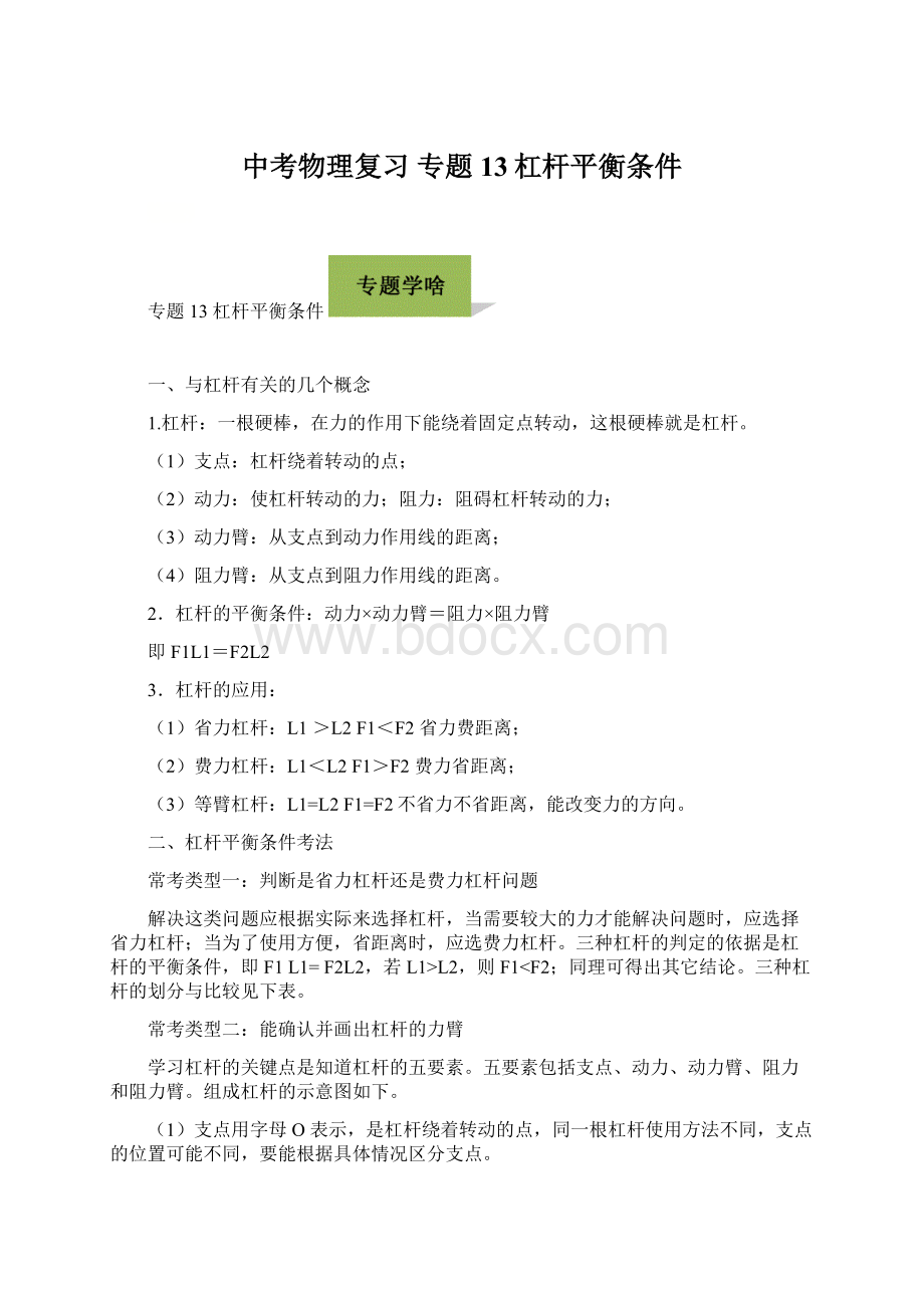 中考物理复习专题13杠杆平衡条件.docx_第1页