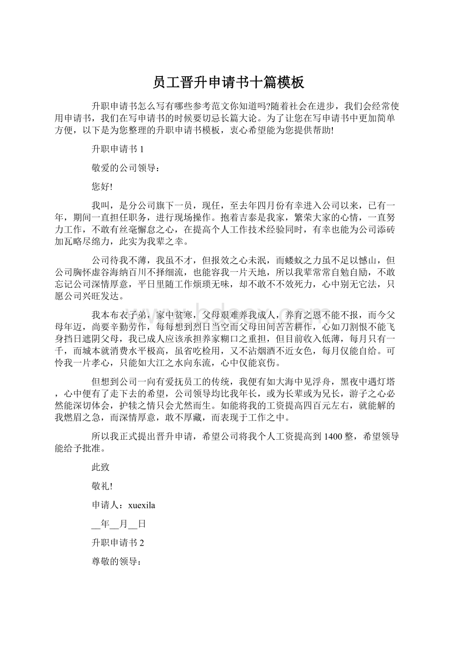 员工晋升申请书十篇模板文档格式.docx