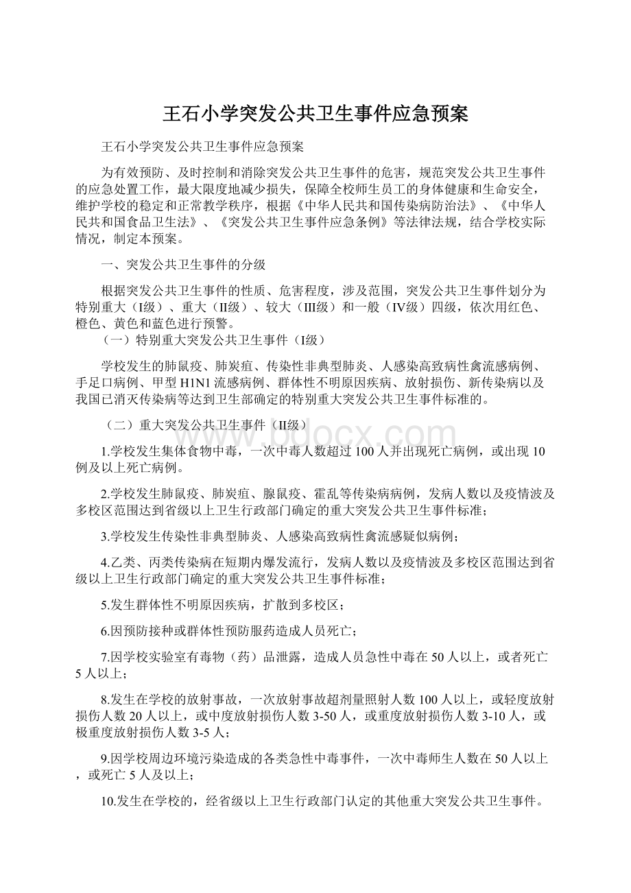 王石小学突发公共卫生事件应急预案.docx_第1页