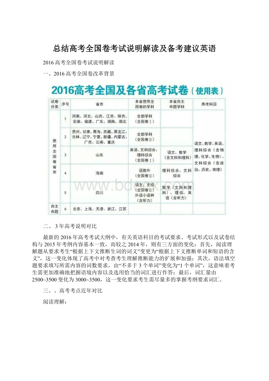 总结高考全国卷考试说明解读及备考建议英语Word文档格式.docx_第1页