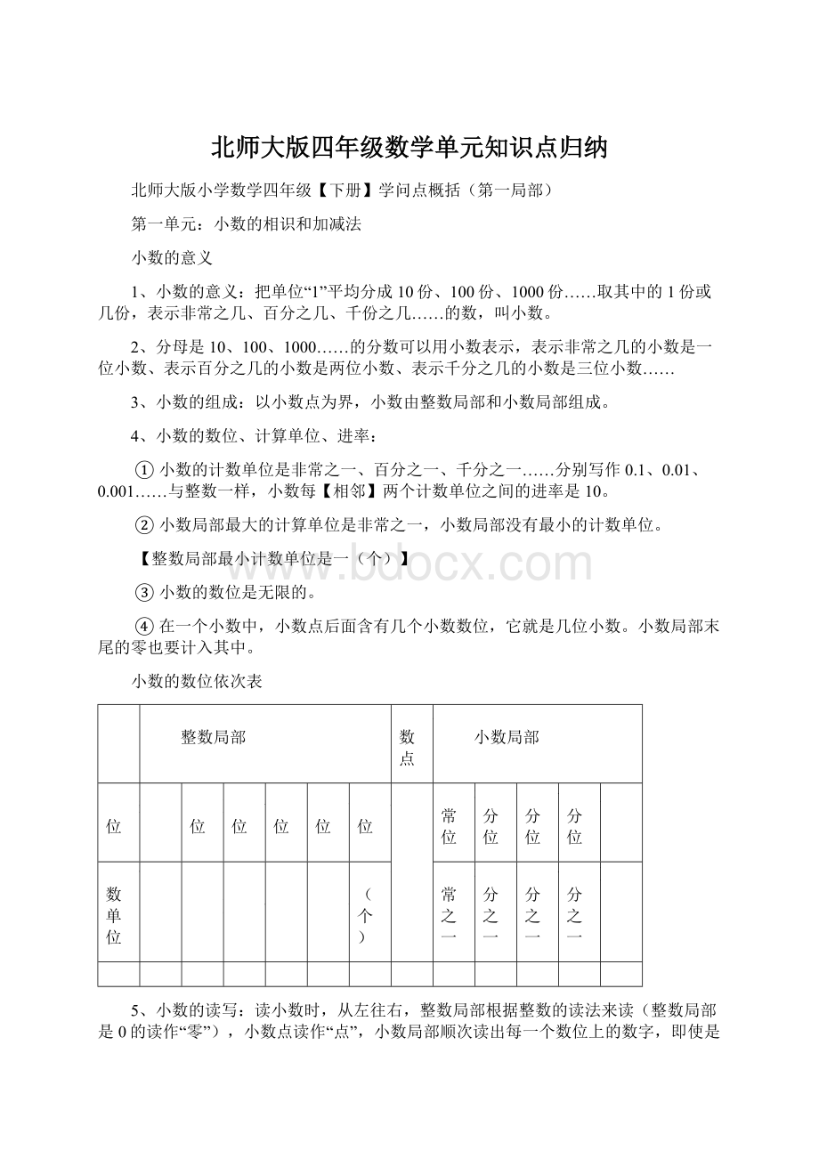 北师大版四年级数学单元知识点归纳.docx_第1页