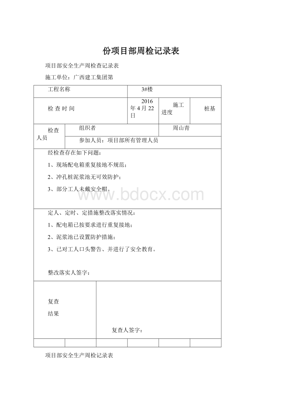 份项目部周检记录表Word文档格式.docx