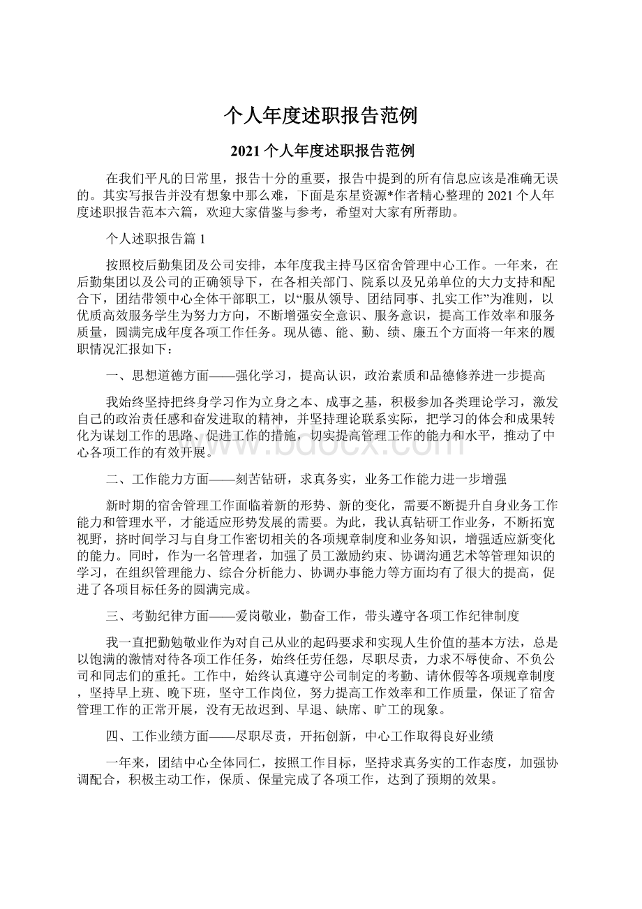 个人年度述职报告范例Word格式文档下载.docx