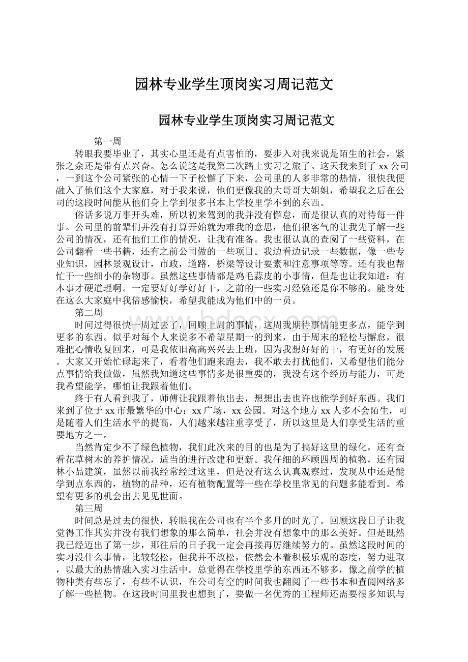 园林专业学生顶岗实习周记范文Word格式.docx