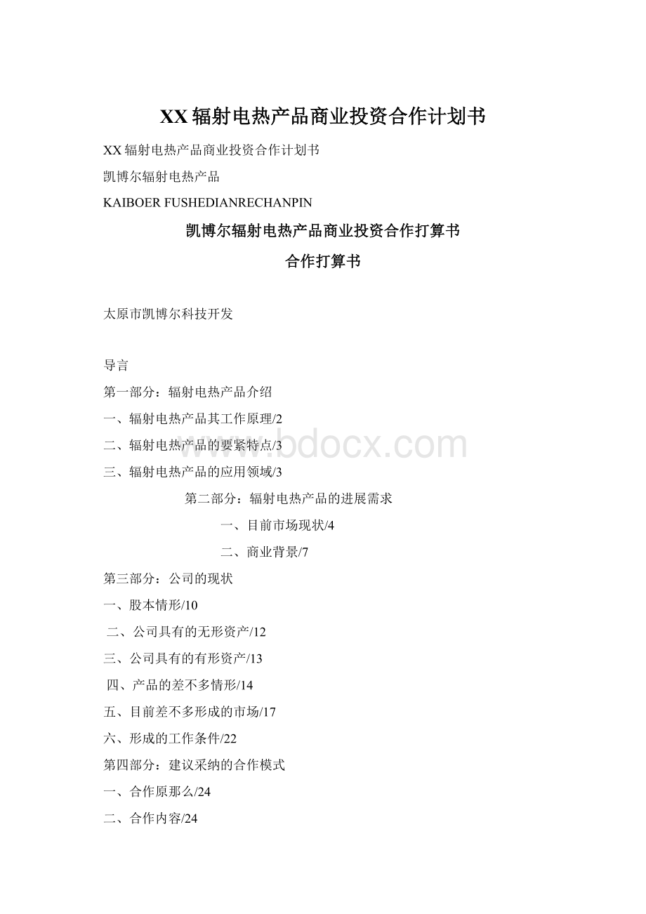 XX辐射电热产品商业投资合作计划书.docx