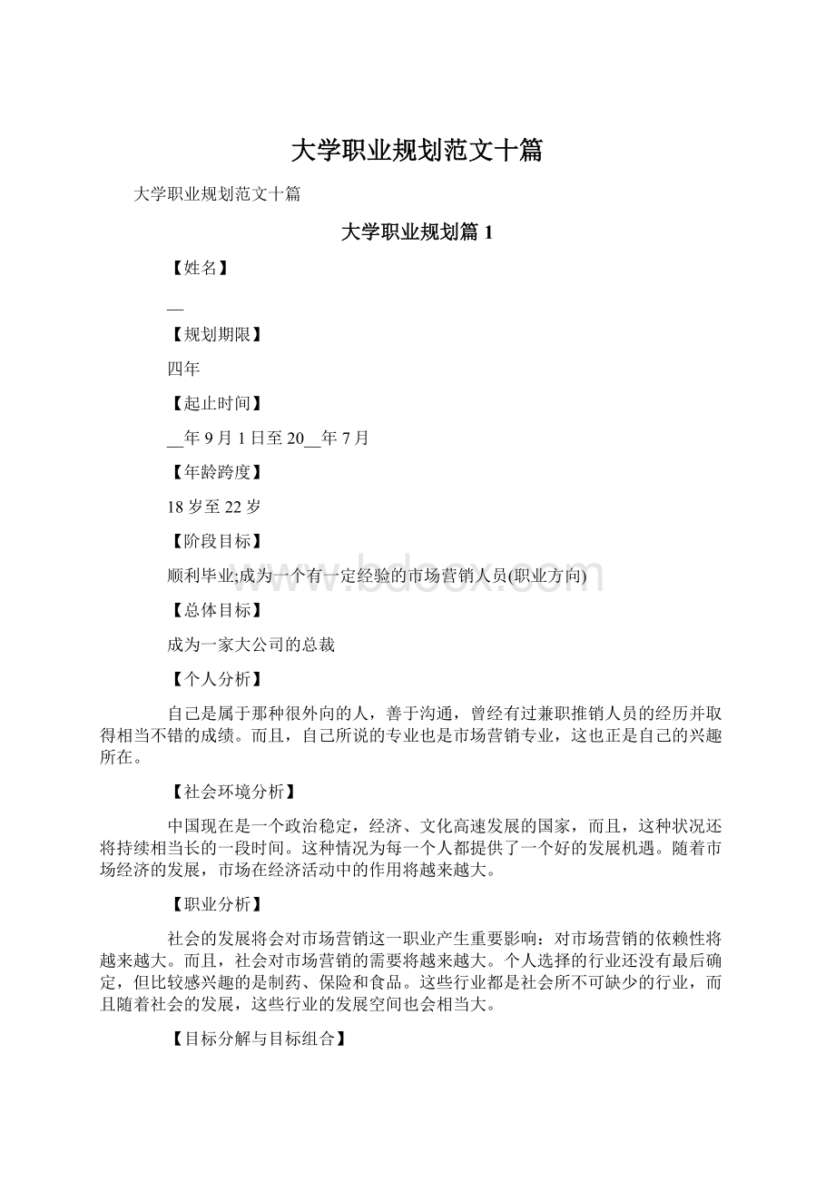 大学职业规划范文十篇Word格式文档下载.docx