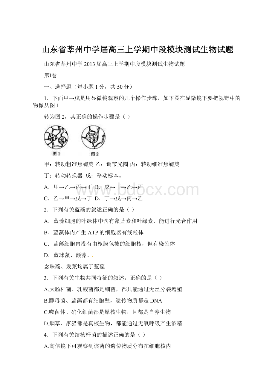 山东省莘州中学届高三上学期中段模块测试生物试题Word文件下载.docx_第1页