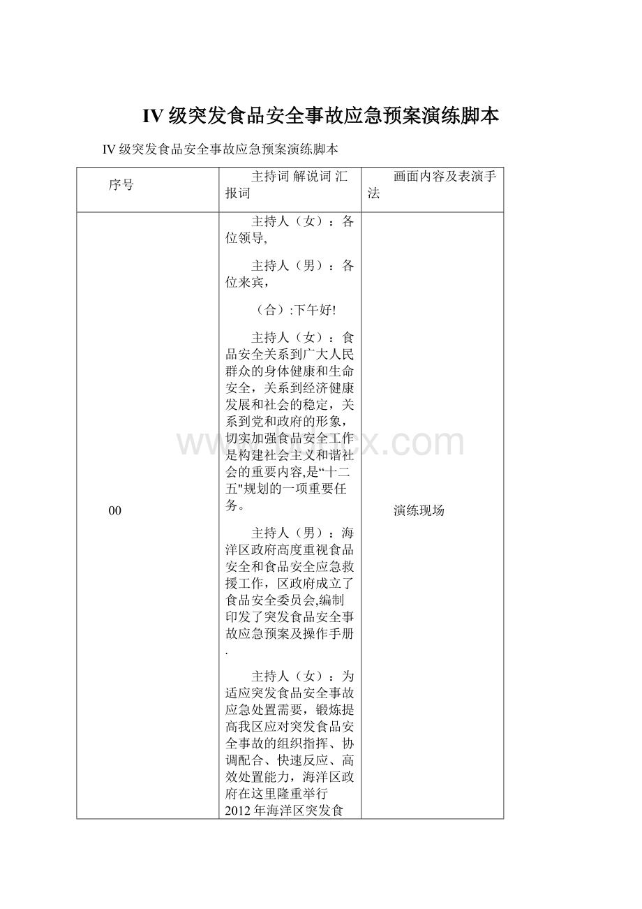 IV级突发食品安全事故应急预案演练脚本Word文档下载推荐.docx_第1页