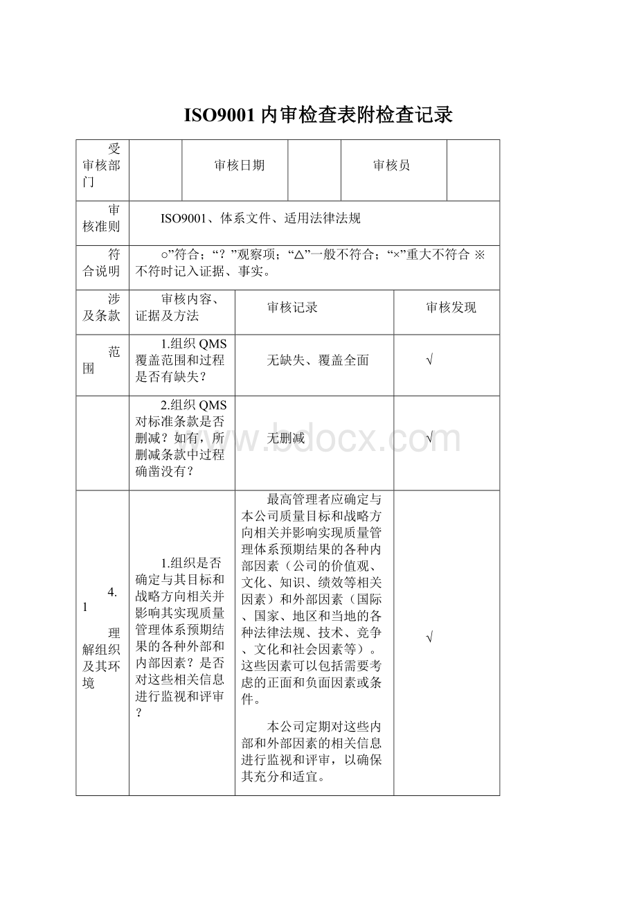 ISO9001内审检查表附检查记录.docx_第1页