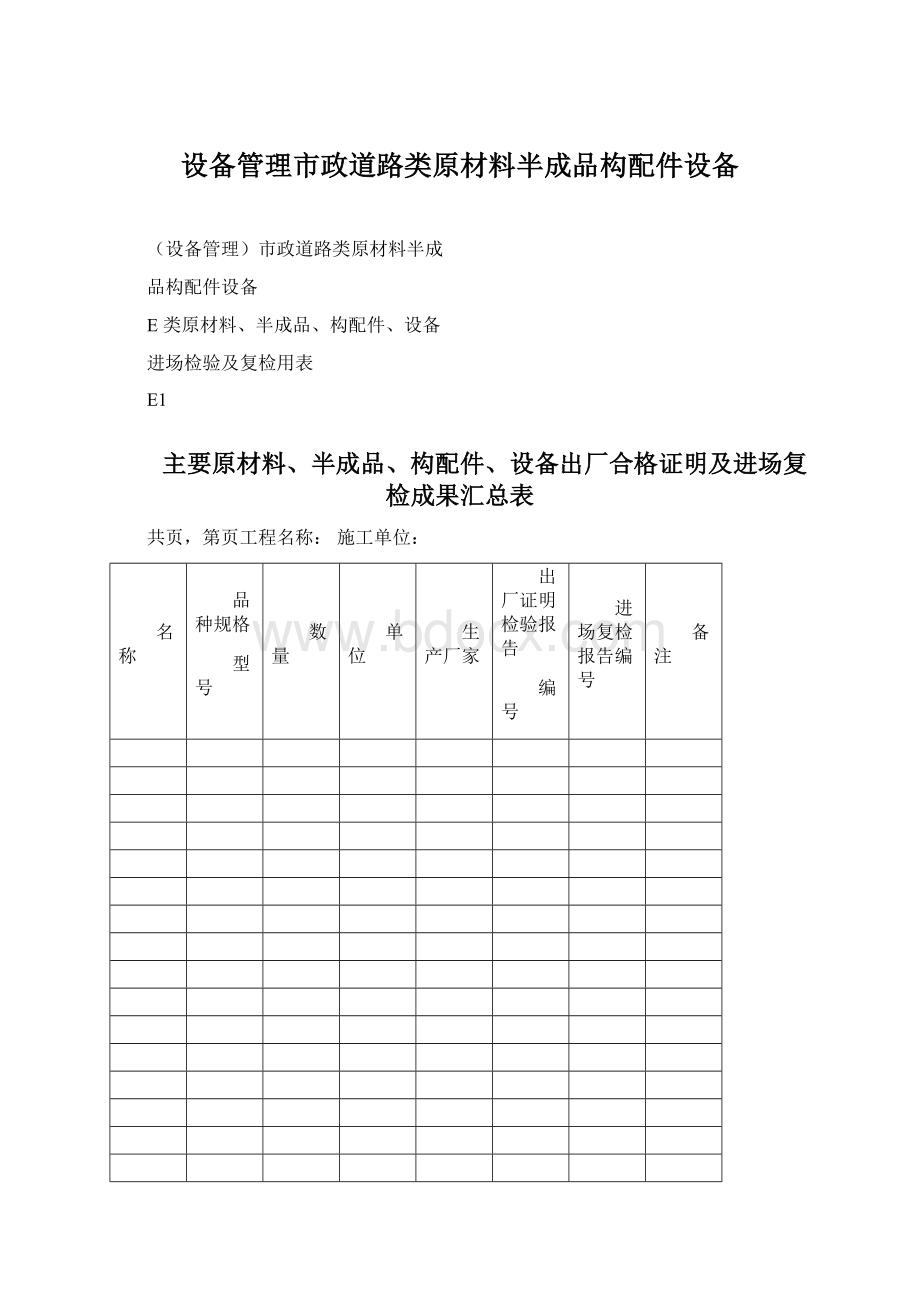 设备管理市政道路类原材料半成品构配件设备Word文档格式.docx