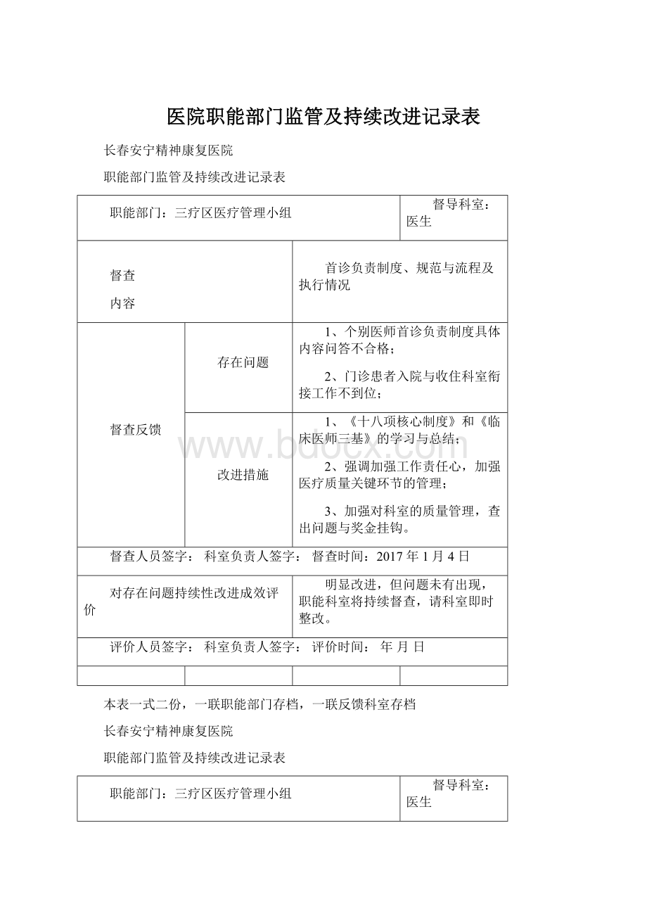 医院职能部门监管及持续改进记录表.docx_第1页