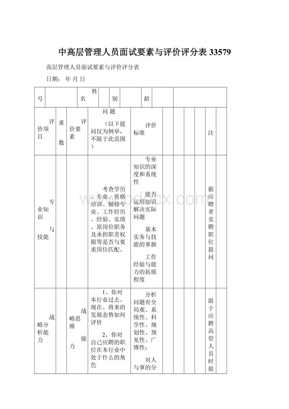 中高层管理人员面试要素与评价评分表33579.docx_第1页