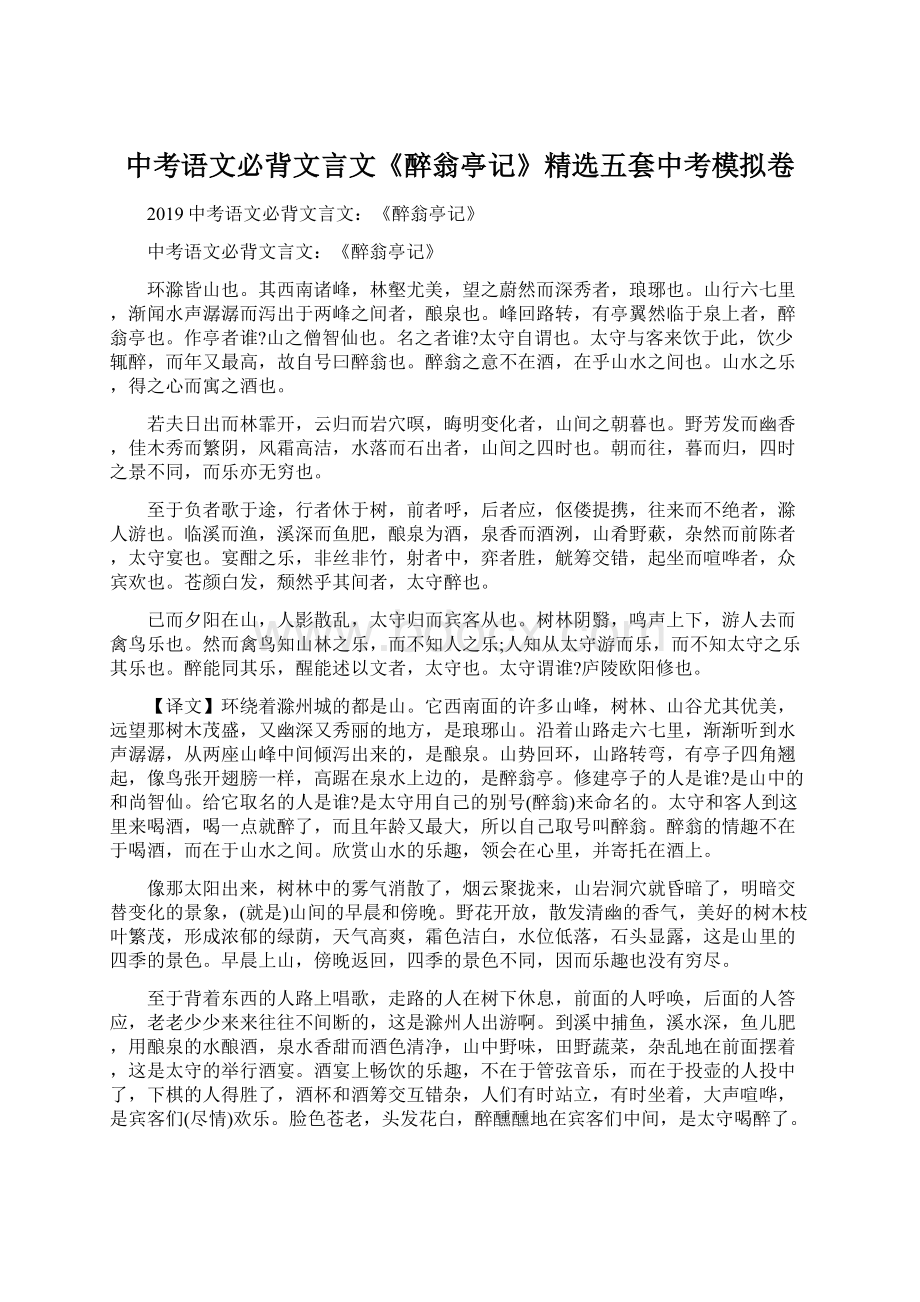 中考语文必背文言文《醉翁亭记》精选五套中考模拟卷Word文档格式.docx_第1页