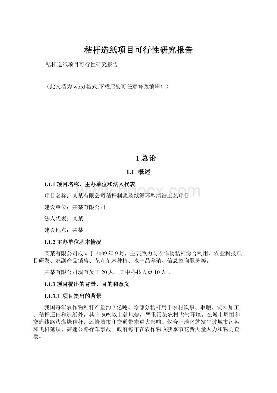 秸杆造纸项目可行性研究报告Word格式.docx_第1页