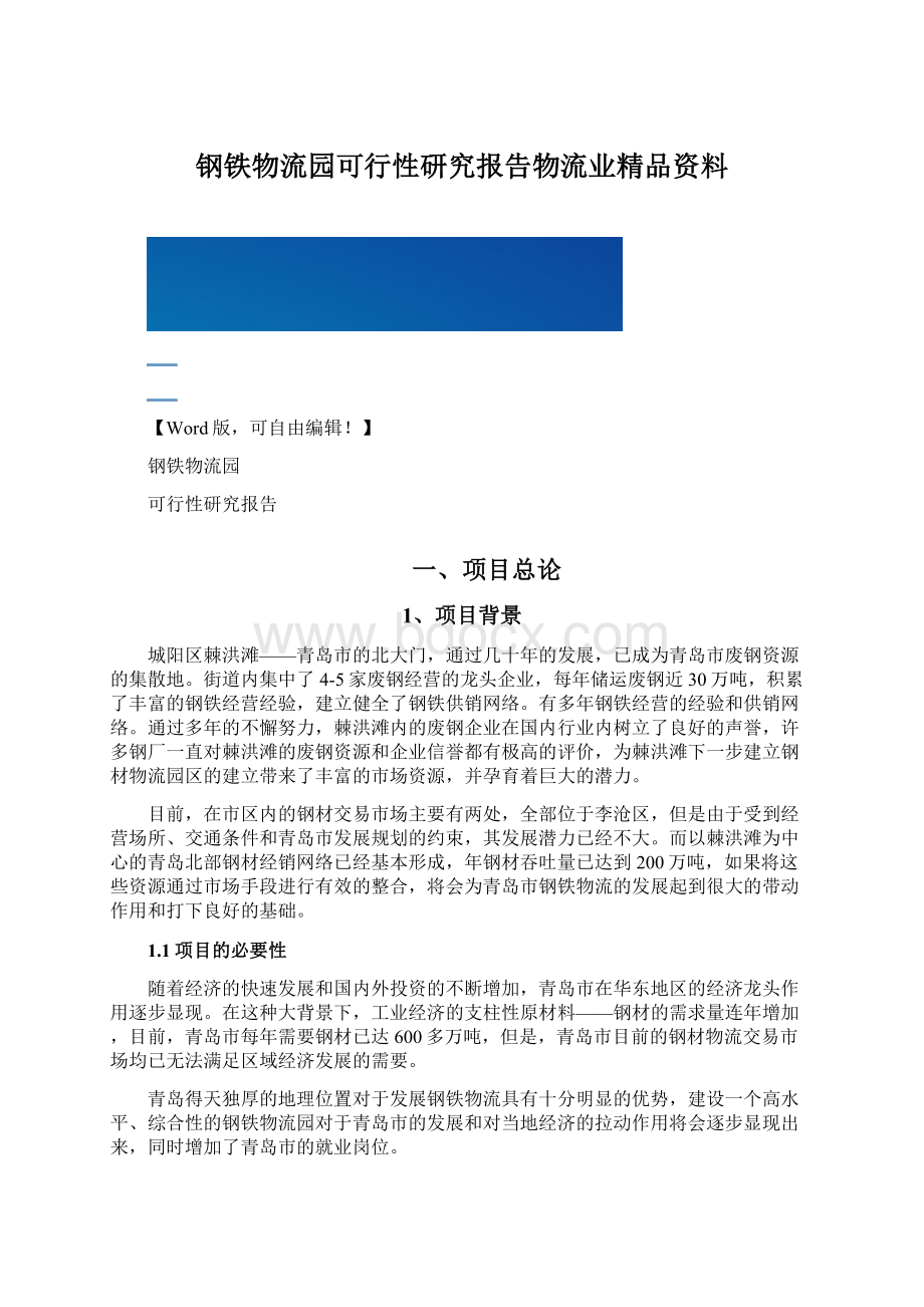 钢铁物流园可行性研究报告物流业精品资料文档格式.docx