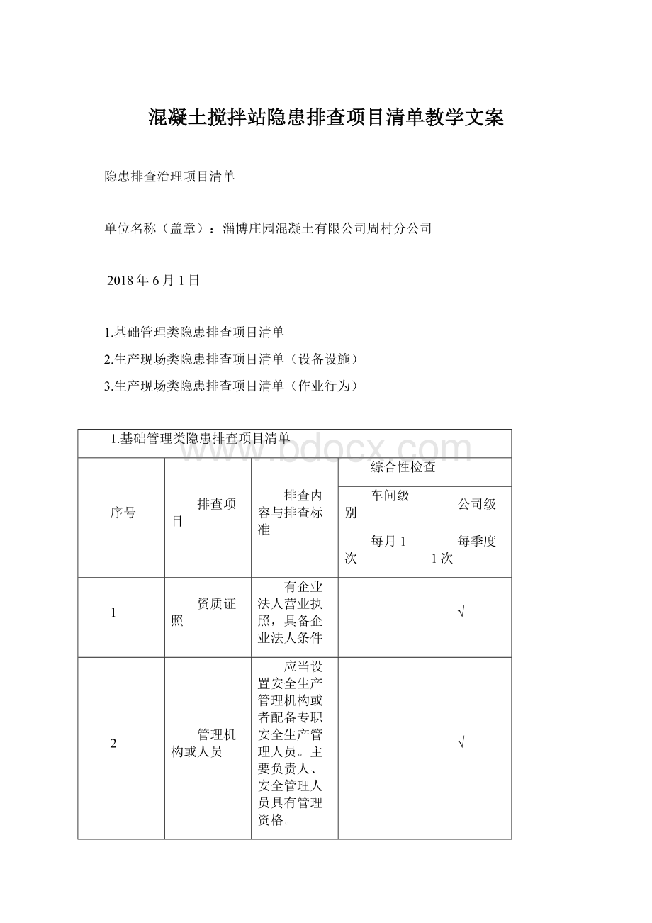 混凝土搅拌站隐患排查项目清单教学文案.docx_第1页