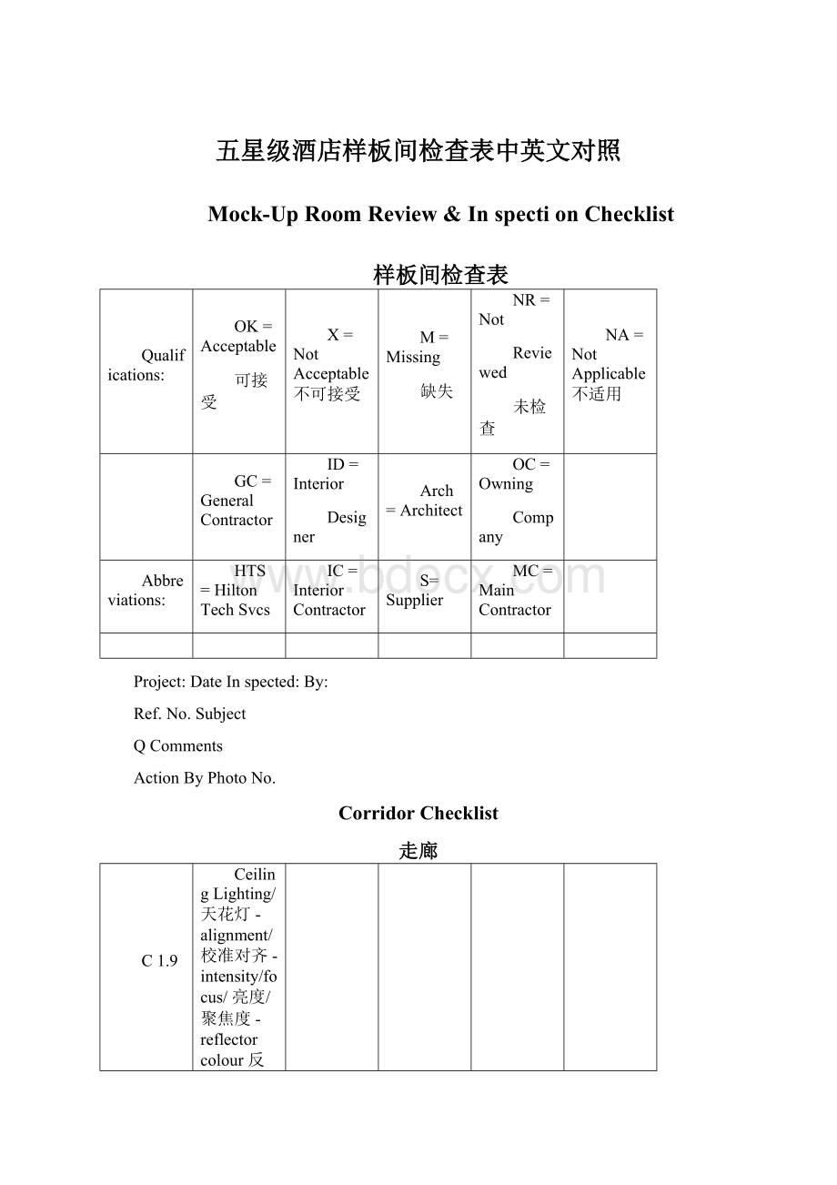 五星级酒店样板间检查表中英文对照文档格式.docx