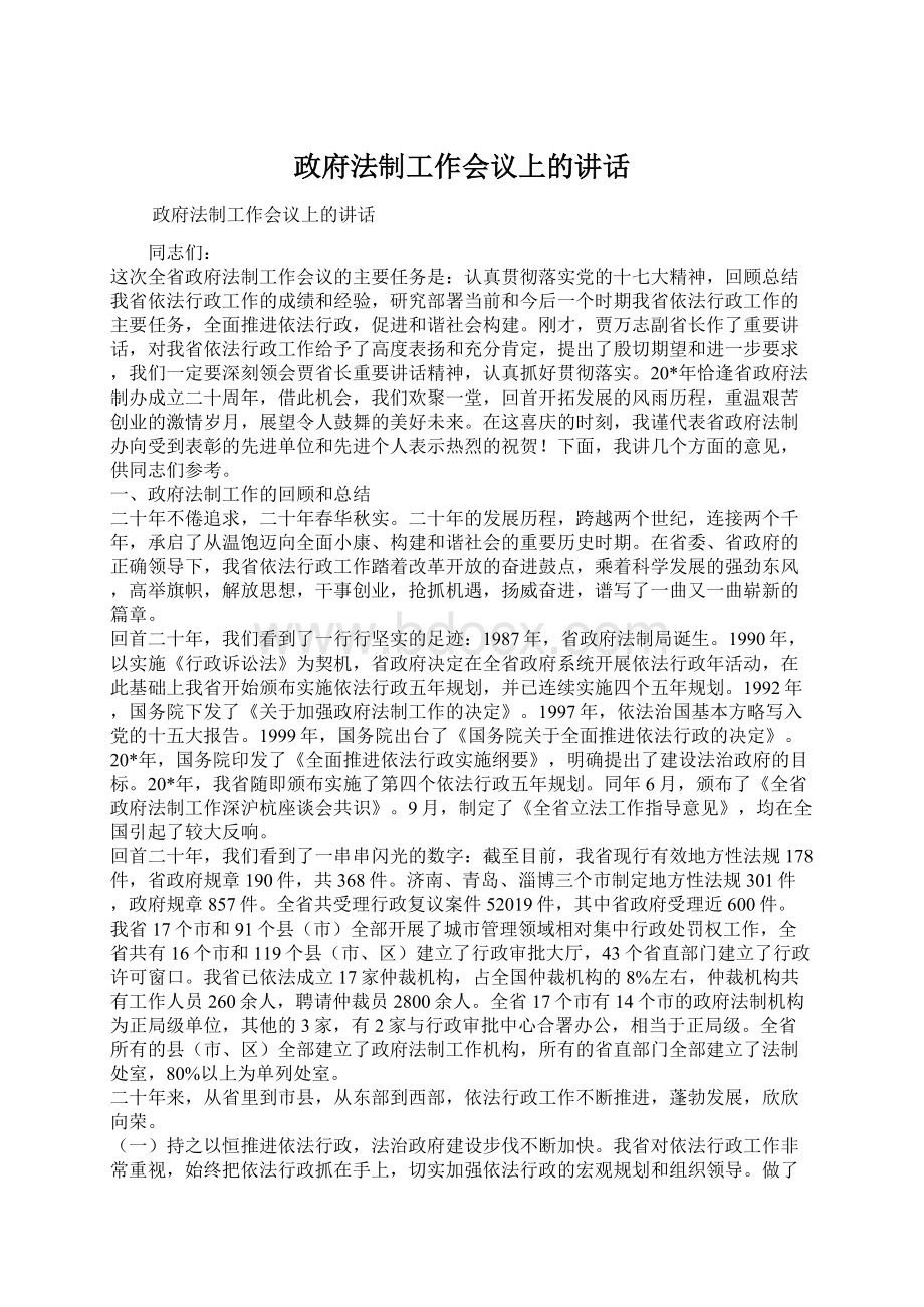 政府法制工作会议上的讲话.docx