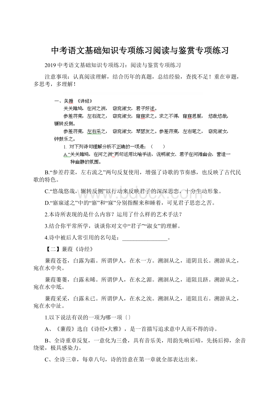 中考语文基础知识专项练习阅读与鉴赏专项练习Word格式文档下载.docx