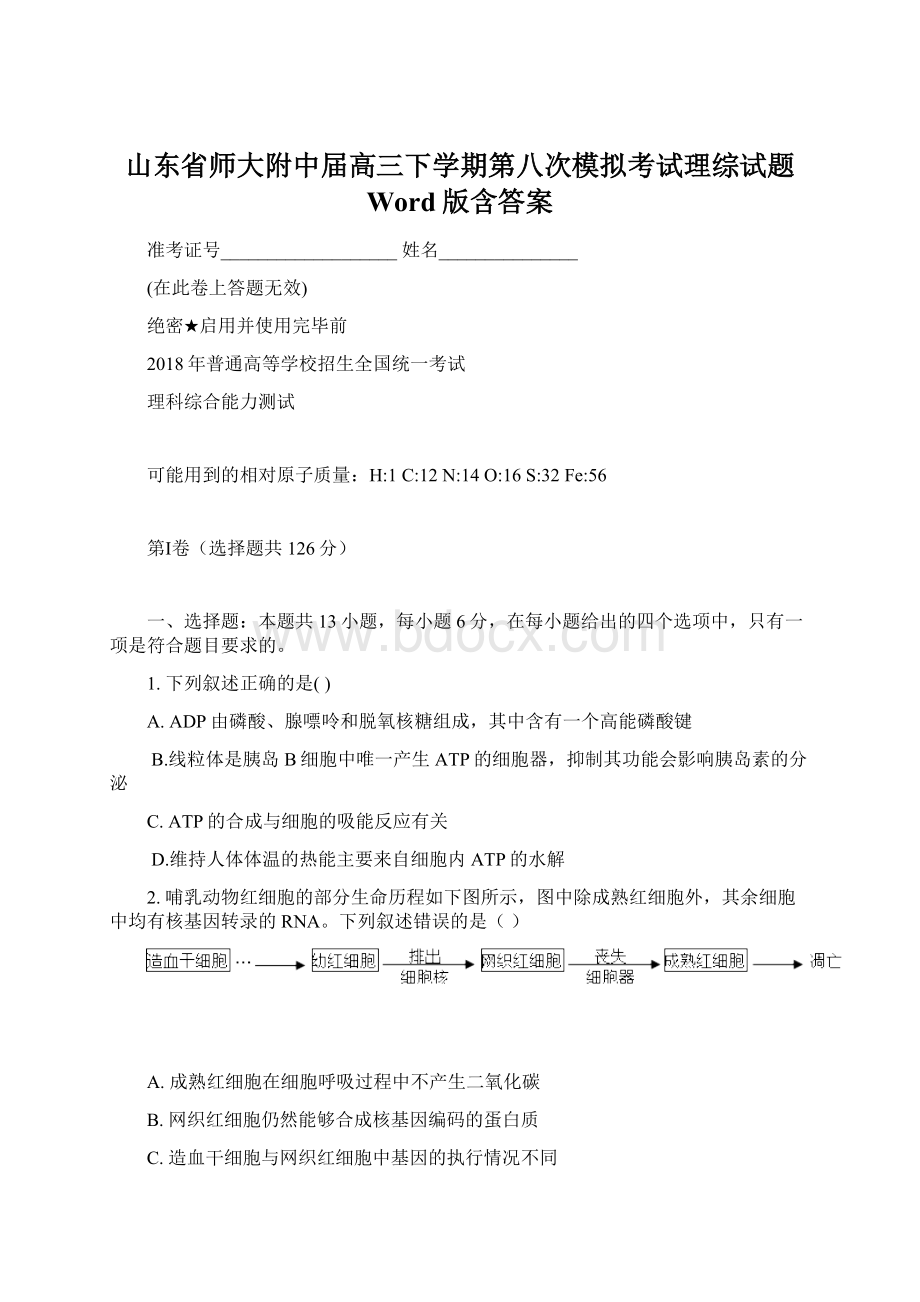 山东省师大附中届高三下学期第八次模拟考试理综试题 Word版含答案.docx