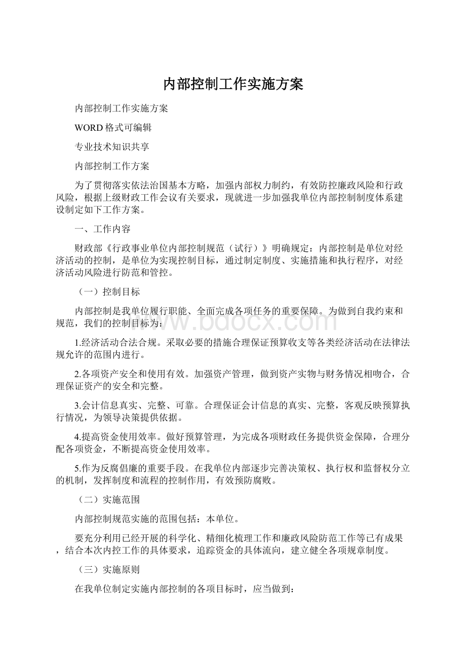 内部控制工作实施方案Word格式.docx