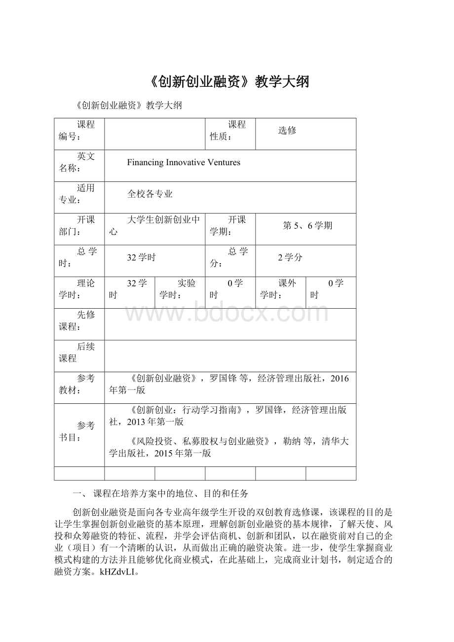 《创新创业融资》教学大纲.docx_第1页