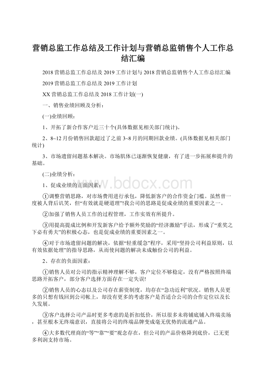 营销总监工作总结及工作计划与营销总监销售个人工作总结汇编.docx_第1页