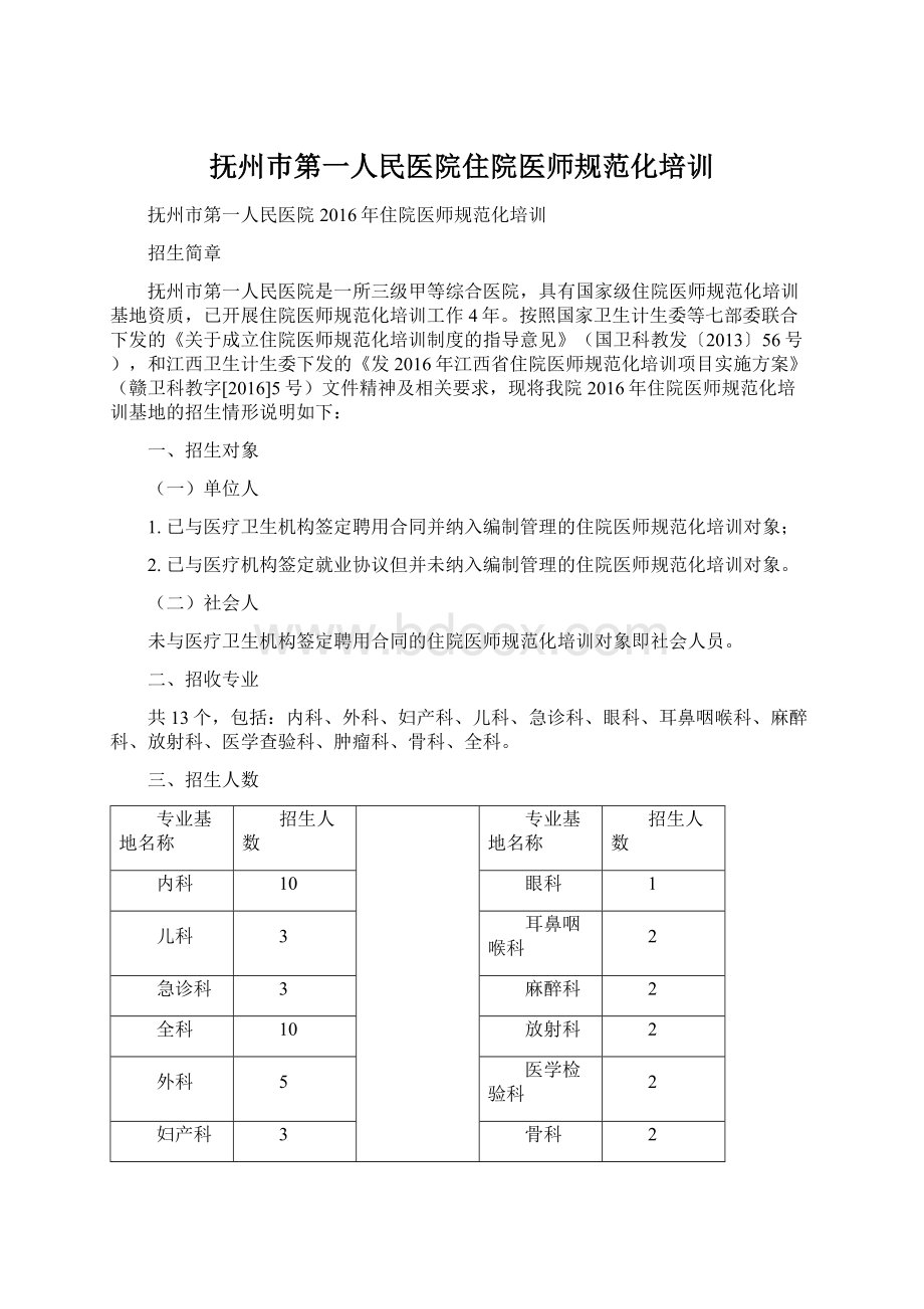 抚州巿第一人民医院住院医师规范化培训文档格式.docx