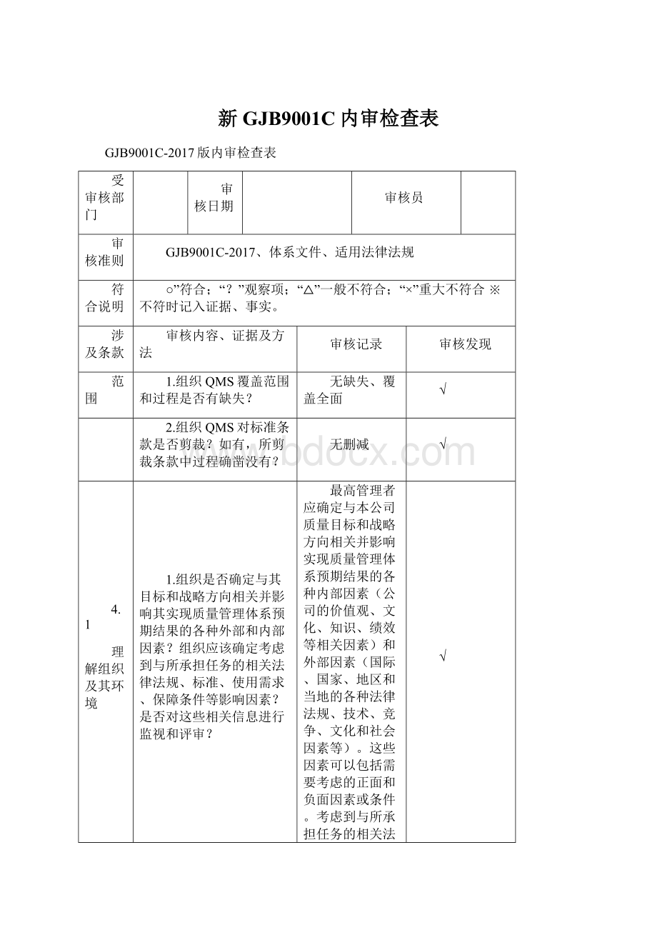 新 GJB9001C内审检查表.docx