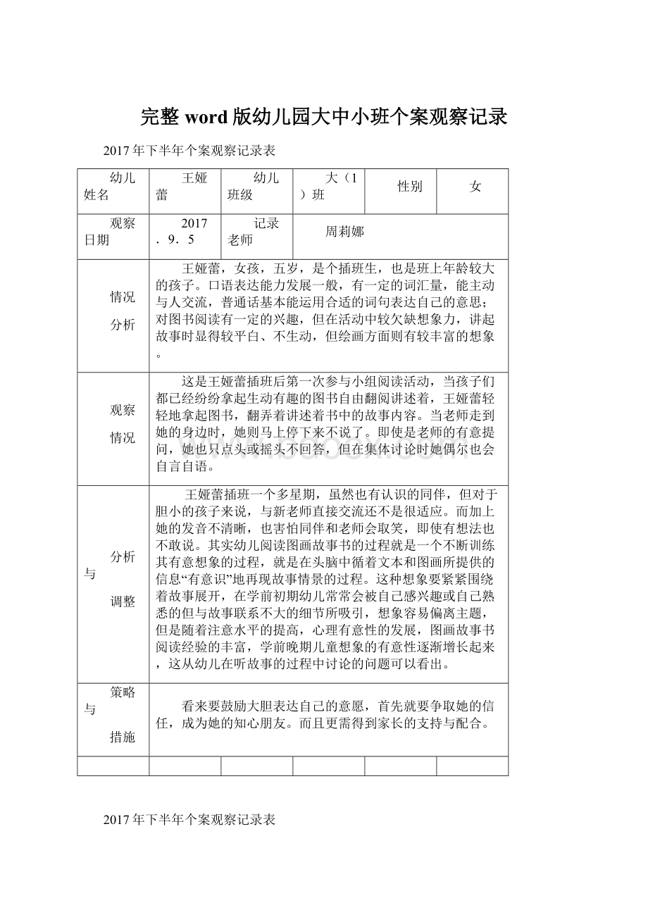 完整word版幼儿园大中小班个案观察记录.docx_第1页