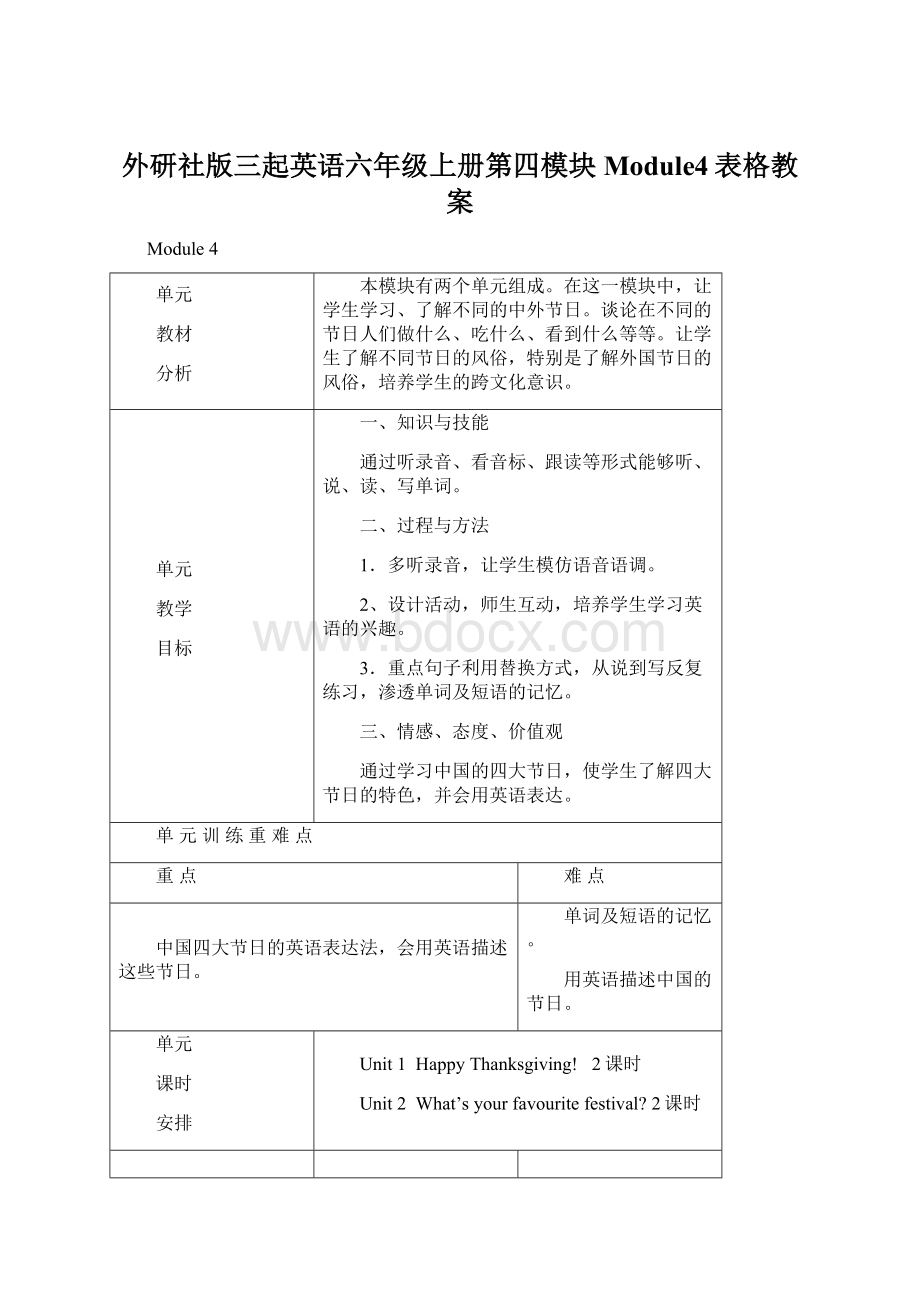 外研社版三起英语六年级上册第四模块Module4表格教案.docx_第1页